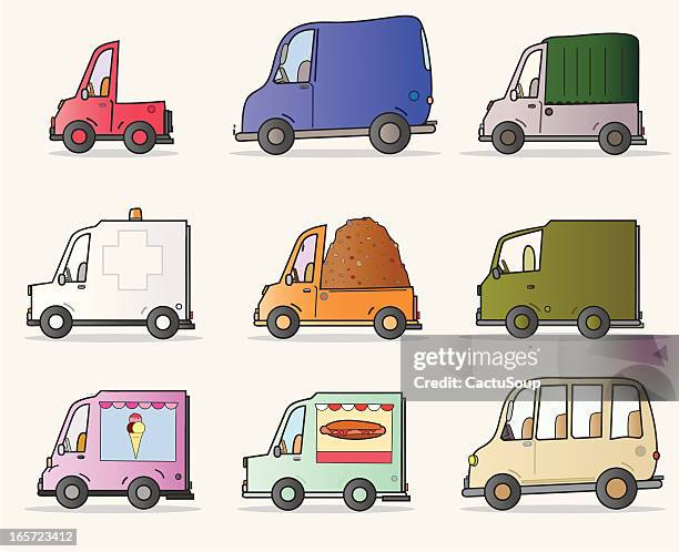 ilustraciones, imágenes clip art, dibujos animados e iconos de stock de vans - dump truck cartoon