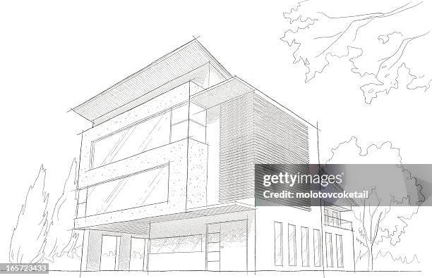 light detailed sketch of a modern building - pencil drawing house stock illustrations