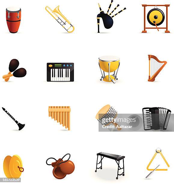 ilustraciones, imágenes clip art, dibujos animados e iconos de stock de color de los iconos de instrumentos musicales - guaira