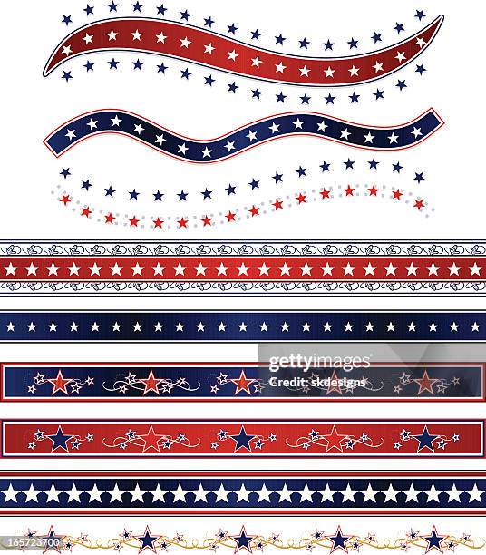 patriotic ribbons, borders, and stars set: red, white, blue - patriotic background stock illustrations