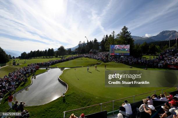 Matt Fitzpatrick of England plays his putt shot on the 18th hole during Day Four of the Omega European Masters at Crans-sur-Sierre Golf Club on...