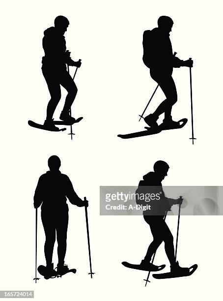 snowshoe-ing vector silhouette - snowshoe stock illustrations