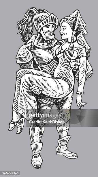 damsel in distress with knight hero - damsels in distress stock illustrations