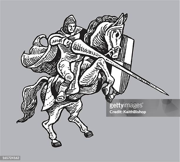medieval knight joust on horse with shield - jousting stock illustrations