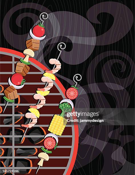 kabobs auf dem grill - bratspieß stock-grafiken, -clipart, -cartoons und -symbole