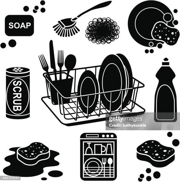 stockillustraties, clipart, cartoons en iconen met dish washing icons - rack