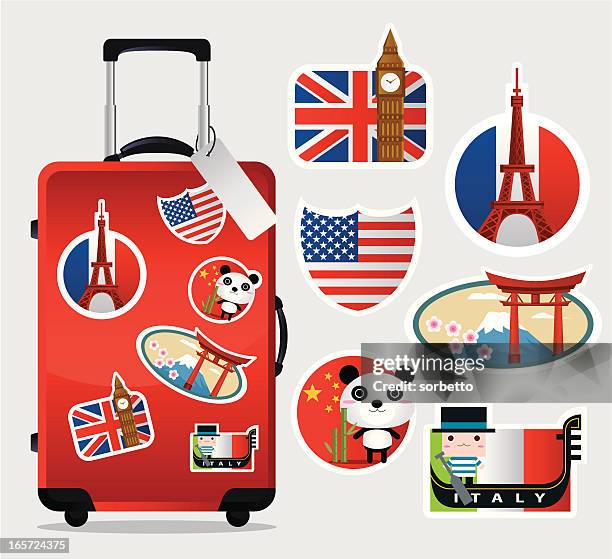 ilustrações de stock, clip art, desenhos animados e ícones de mala de viagem com autocolantes - mala