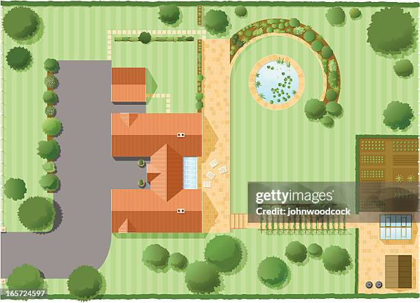 ilustrações de stock, clip art, desenhos animados e ícones de casa plano dois - vista aérea