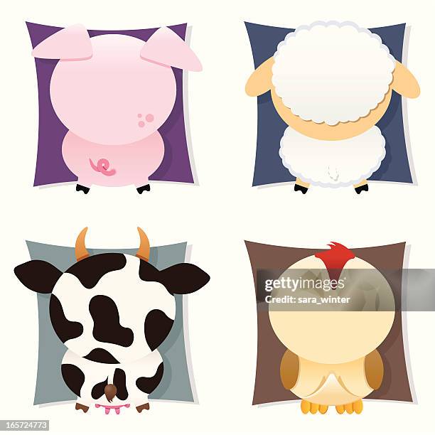 collection of farm animals, back-sides: pig, sheep, cow, chicken - pig back stock illustrations