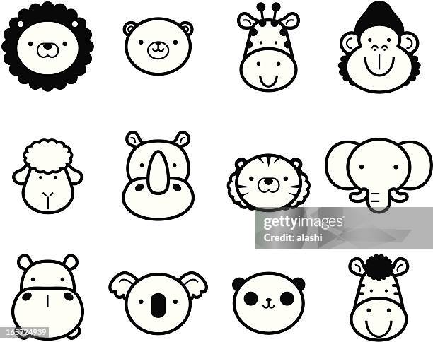 bildbanksillustrationer, clip art samt tecknat material och ikoner med icon set: cute zoo animals in black and white - drawings of lions heads