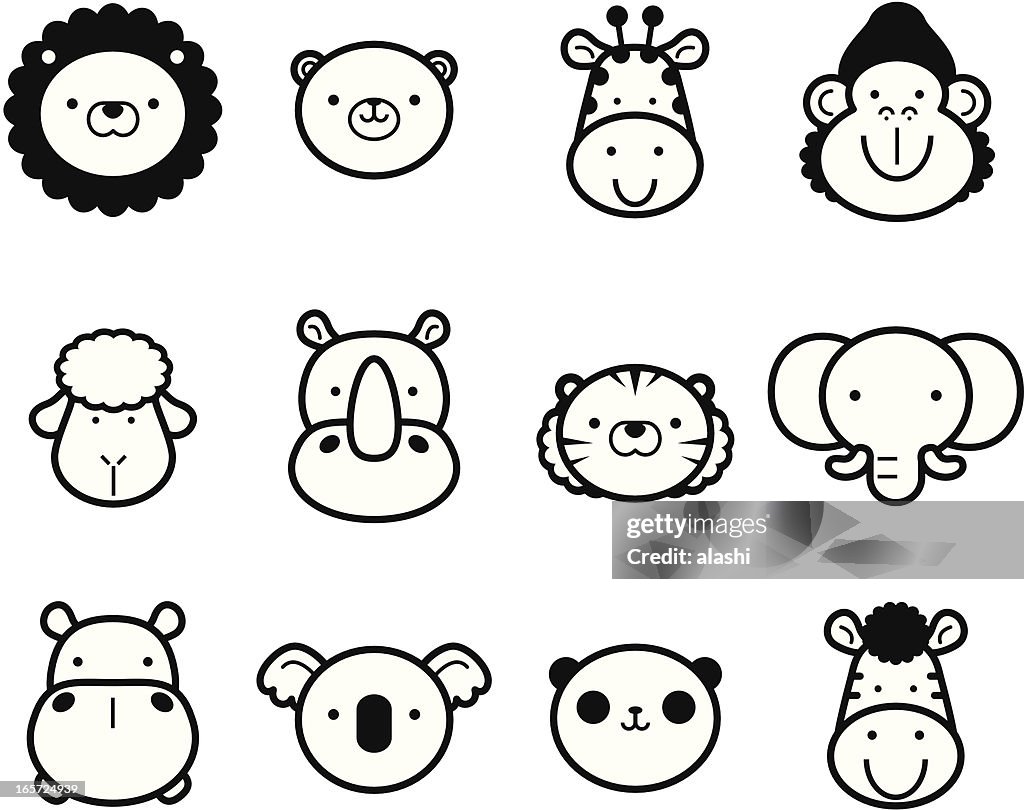 Icon Set: Cute Zoo Animals in black and white