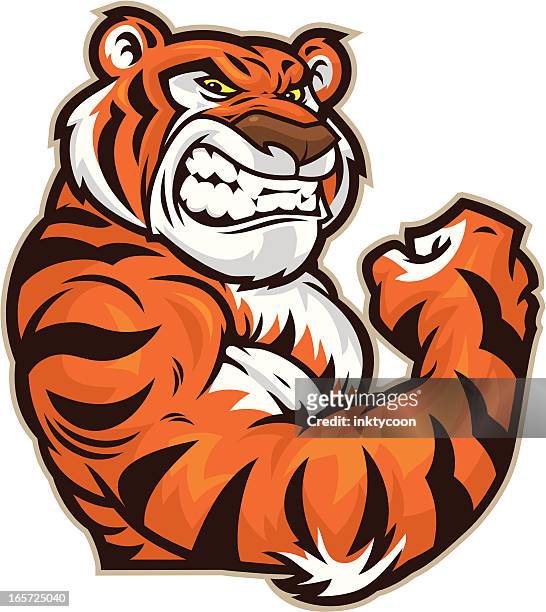 illustrazioni stock, clip art, cartoni animati e icone di tendenza di tigre mascotte flettere - tiger