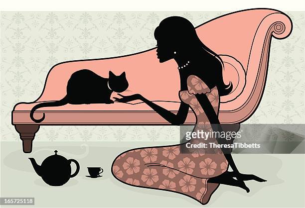 illustrations, cliparts, dessins animés et icônes de femme et chat - chat canapé