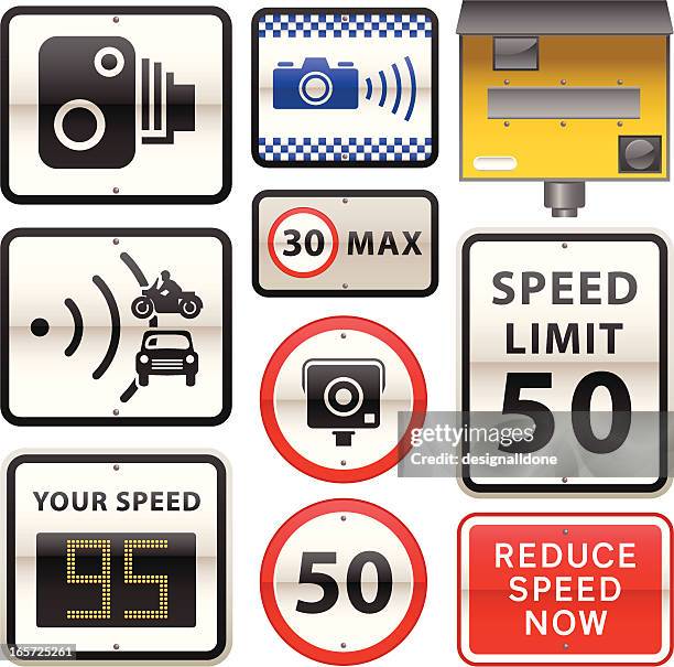 geschwindigkeitsüberwachungskamera warnung zeichen - verwarnung wegen verkehrsübertretung stock-grafiken, -clipart, -cartoons und -symbole