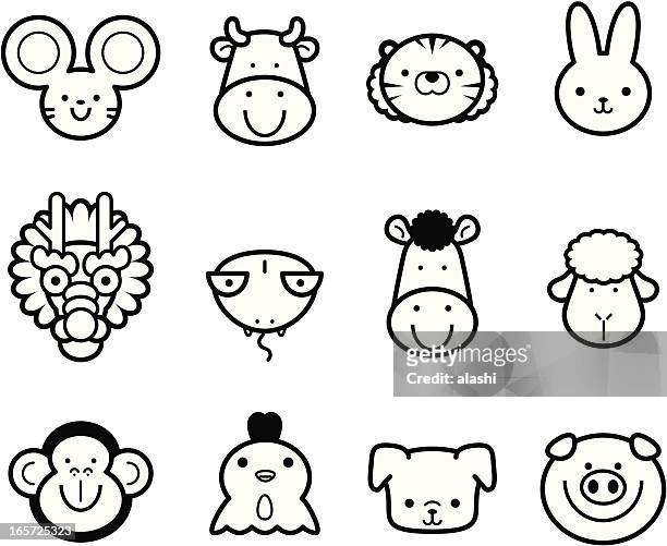 icon collection: cute chinese zodiac in black and white - rooster print stock illustrations