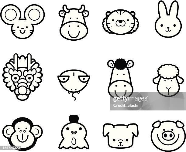 icon collection: cute chinese zodiac in black and white - anime cow stock illustrations