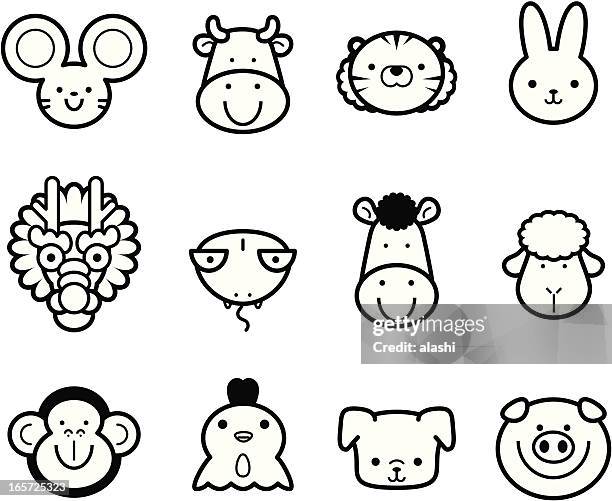 icon collection: cute chinese zodiac in black and white - animal colour stock illustrations