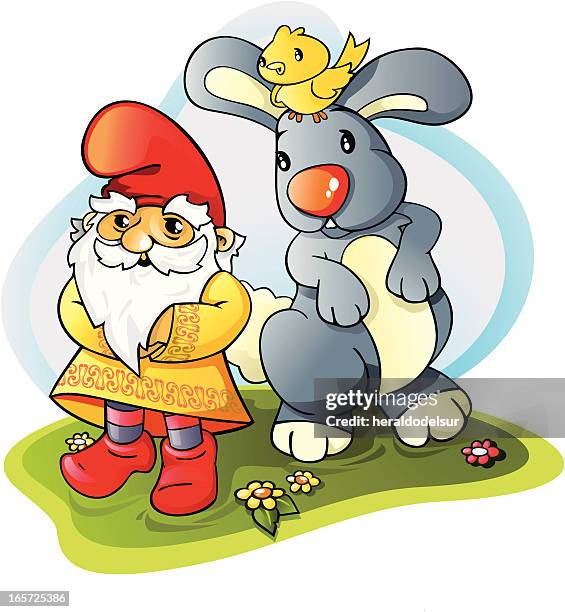 enano con conejo y ave - zwerg stock-grafiken, -clipart, -cartoons und -symbole