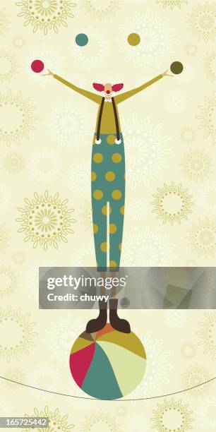 stockillustraties, clipart, cartoons en iconen met clown standing on ball on high wire juggling - juggling