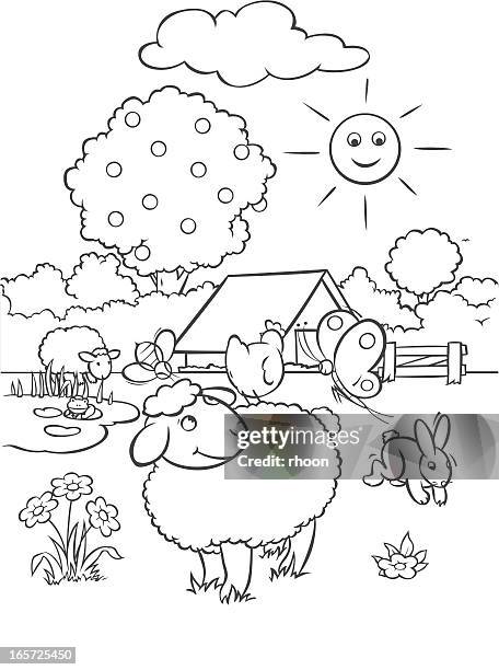 coloring the farm - farmhouse stock illustrations