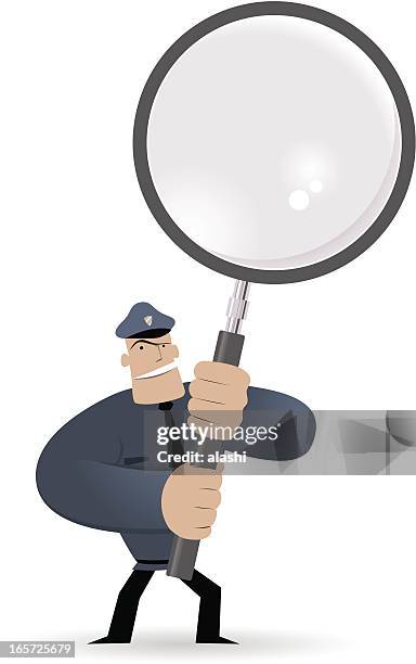 polizei hält ein vergrößerungsglas - datenschutz grundverordnung stock-grafiken, -clipart, -cartoons und -symbole