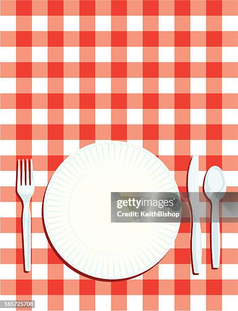 picnic place setting with table cloth background - paper plate stock illustrations