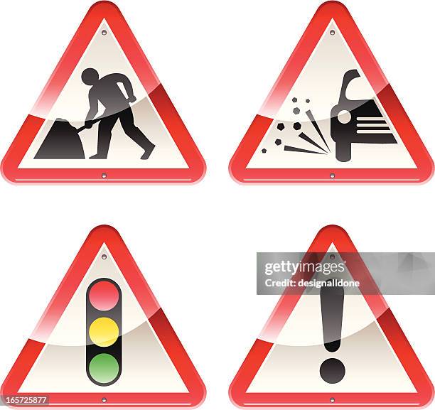 glossy signs: caution road works - red light vector stock illustrations