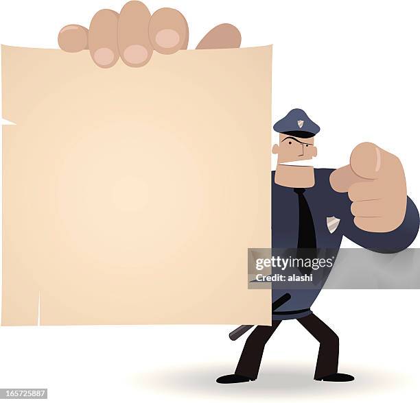 police officer holding a blank sign and pointing at you - emergancy communication stock illustrations