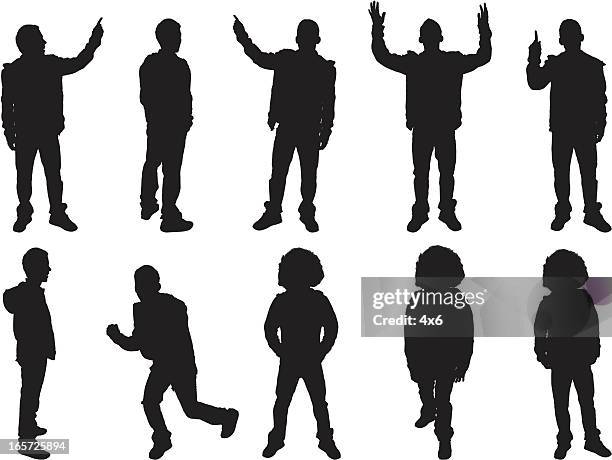 multiple shots of men standing around - afro wig stock illustrations