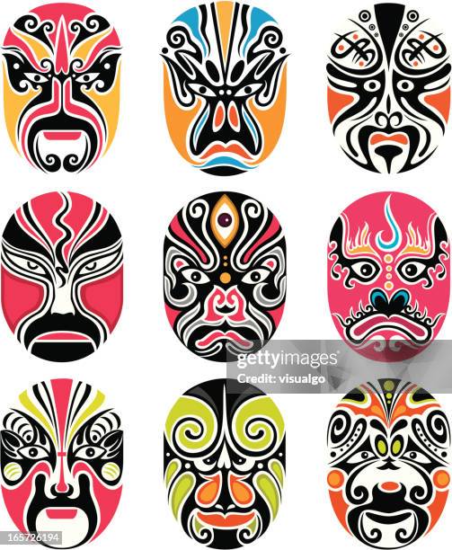 ilustraciones, imágenes clip art, dibujos animados e iconos de stock de máscaras de la ópera de pekín - ópera china