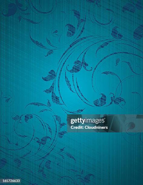 blue floral scroll page - linen texture background stock illustrations