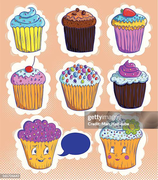cute cupcakes - vanilla flower cartoon stock illustrations