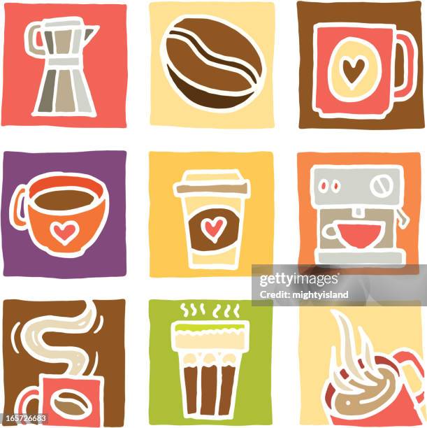 coffee icons in colorful blocks - coffee carafe stock illustrations