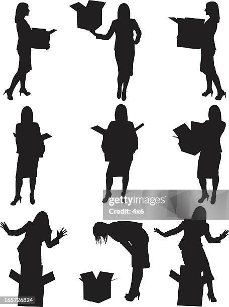 happy businesswoman with a cardboard box - packing stock illustrations