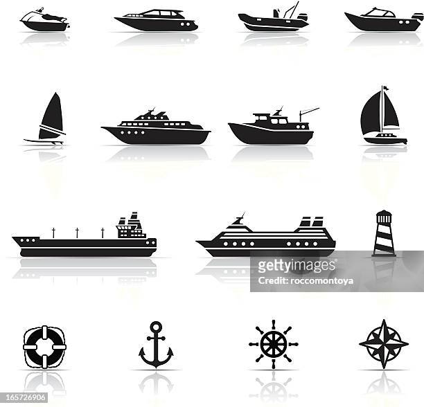 illustrazioni stock, clip art, cartoni animati e icone di tendenza di icona impostato, navi e navi - mezzo di trasporto marittimo