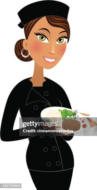 bildbanksillustrationer, clip art samt tecknat material och ikoner med beautiful chef in black holding gourmet dinner - filet mignon