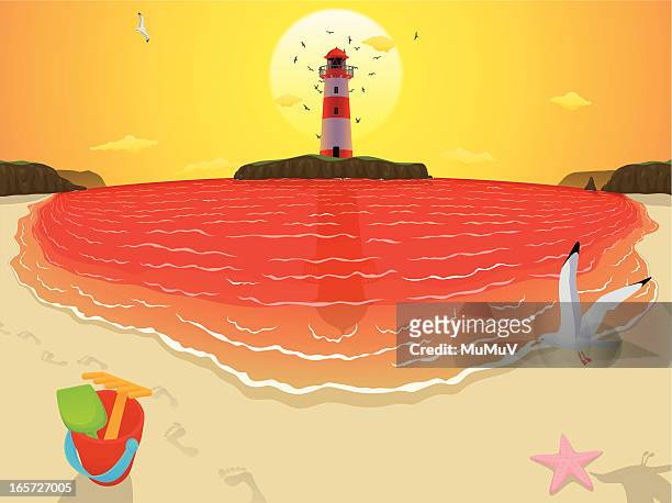 illustrazioni stock, clip art, cartoni animati e icone di tendenza di spiaggia isola faro &-wide tramonto versione - secchio di sabbia