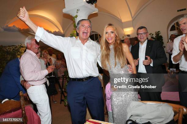 Urs Brunner and Daniela Brunner attend the Flight into the 70s" birthday party of Urs Brunner at Praterinsel on September 9, 2023 in Munich, Germany.