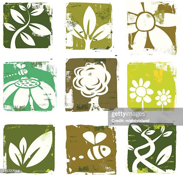 und natur-symbole - linolschnitt stock-grafiken, -clipart, -cartoons und -symbole