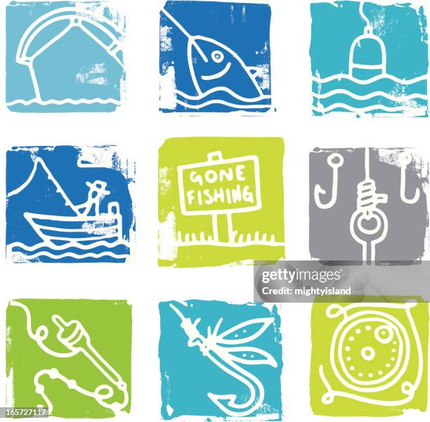 fishing icon grunge blocks - fishing float stock illustrations