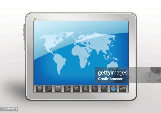 tablet pc with world map - highway map stock illustrations