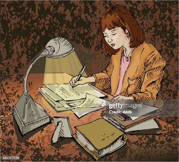 late night paperwork - authors night stock illustrations