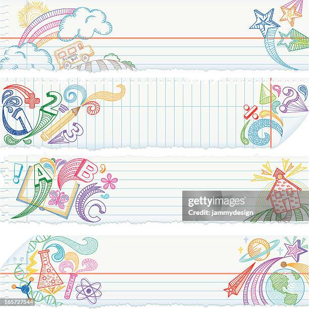 illustrations, cliparts, dessins animés et icônes de banderoles en papier déchiré carnet scolaire sujets - back to school kids