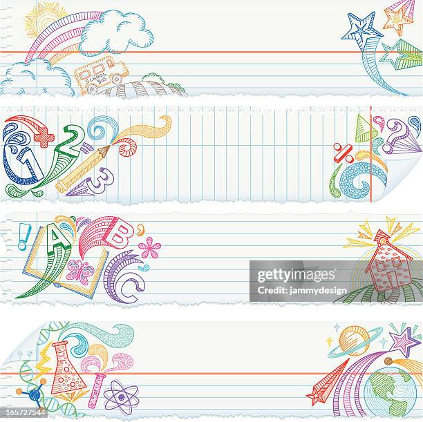 torn notebook paper banners — school subjects - mathematical symbol stock illustrations