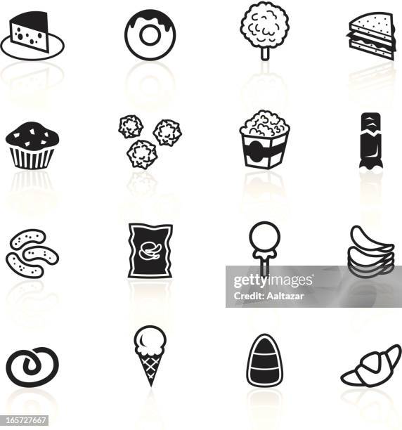 set of black and white junk food icons - cheetos stock illustrations