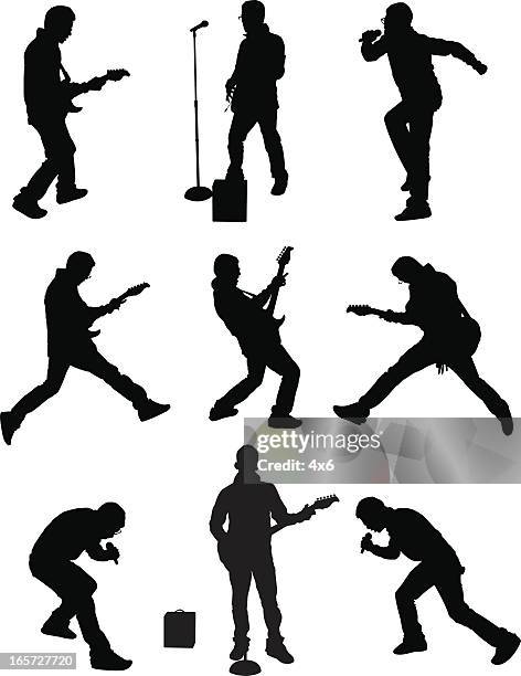 men singing and playing guitar on stage - floating rock stock illustrations