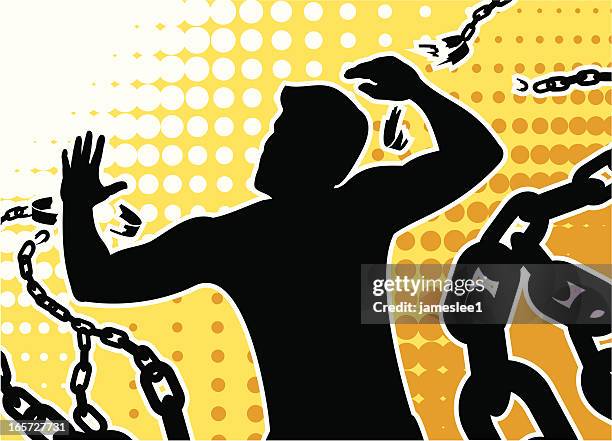 breaking free of the chains - breaking handcuffs stock illustrations