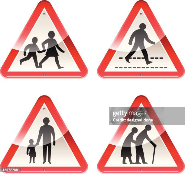 ilustrações, clipart, desenhos animados e ícones de brilhante sinais: cuidado pessoas - placa de travessia de crianças