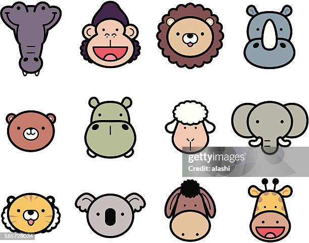 bildbanksillustrationer, clip art samt tecknat material och ikoner med icon set: cute zoo animals in color - elephant head