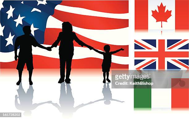 single mother with children and american flag background - relationship difficulties stock illustrations